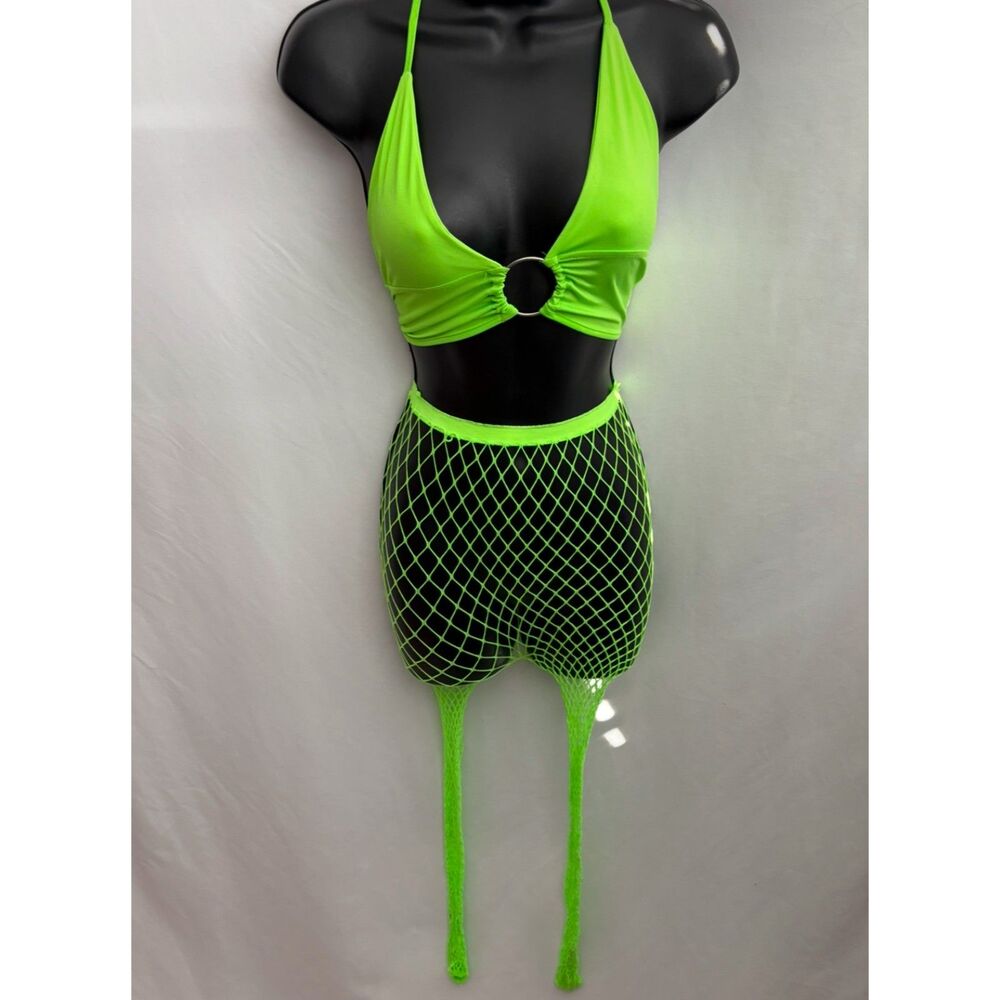 Neon Green Ring Detail Crop Top and Mesh Tights Sexy Dancewear Adult Y2K Cyber S